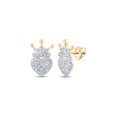 10K Yellow Gold Round Diamond Crown Heart Earrings 1/6 Cttw
