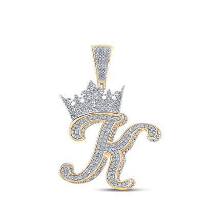 10K Two-Tone Gold Crown Initial K Pendant 1-7/8Ctw-Dia Yellow/White