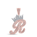 10K Two-Tone Gold Crown Initial R Pendant 1-7/8Ctw-Dia Rose/White