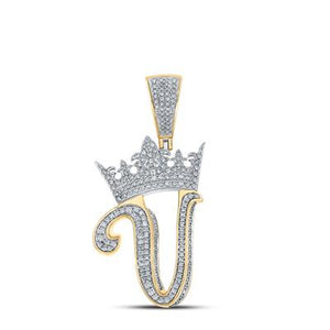 10K Two-Tone Gold Crown Initial V Pendant 1-1/5Ctw-Dia Yellow/White