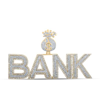 10K Two-Tone Gold Round Diamond Bank Money Bag Phrase Charm Pendant 3-7/8 Cttw