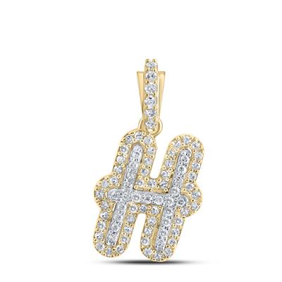 10K Yellow Gold Round Diamond H Initial Letter Charm Pendent 1/5 Cttw