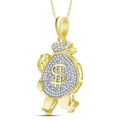 10K Yellow Gold Round Diamond Money Bag Man Charm Pendant 1/4 Cttw