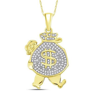 10K Yellow Gold Round Diamond Money Bag Man Charm Pendant 1/4 Cttw