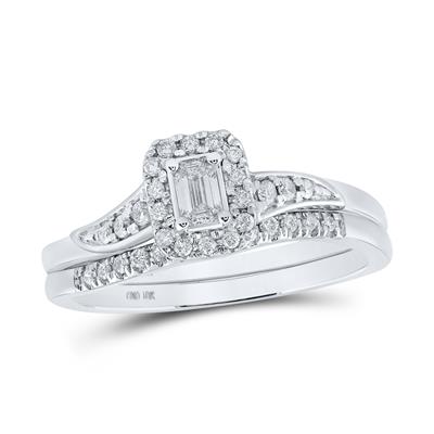 10K White Gold Emerald Diamond Halo Bridal Wedding Ring Set 1/3 Cttw