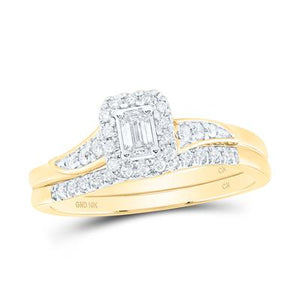 10K White Gold Emerald Diamond Halo Bridal Wedding Ring Set 1/3 Cttw