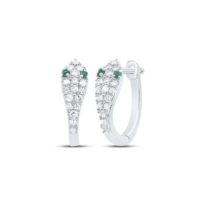10k White Gold Snake Hoop Earrings 1/5 CTW-DIA & 0.03 CT Natural Emerald