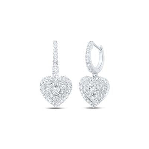 10K White Gold Round Diamond Heart Dangle Earrings 5/8 Ctw
