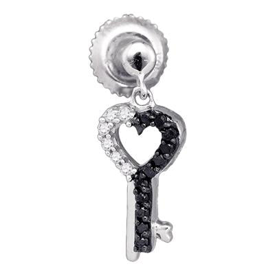 10K White Gold Black Diamond Key Heart Dangle Earrings 1/6 Cttw