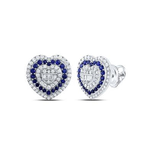 10K White Gold Diamond & Natural Sapphire Heart Stud Earrings 3/4 Dia 5/8