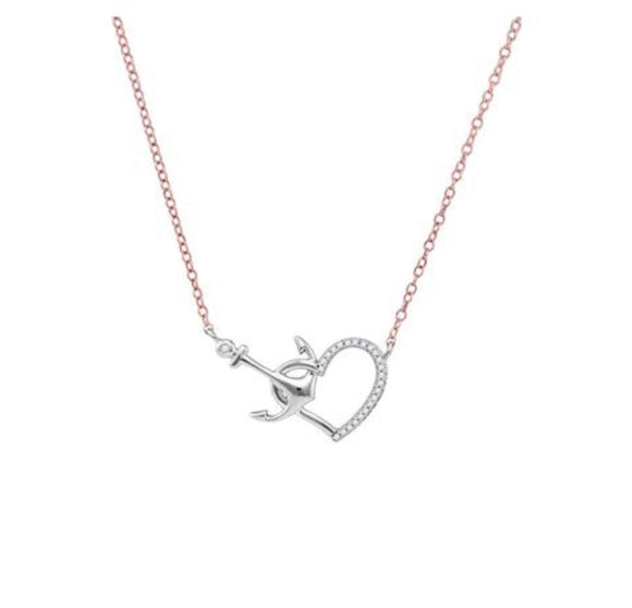 10K White Gold Round Diamond Heart Anchor Pendant Necklace 1/12 Cttw