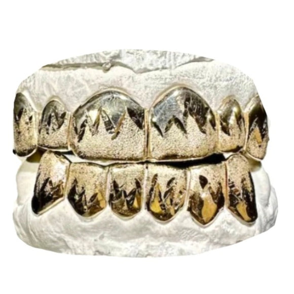 Deep Cut Grillz With Leaf Cuts And Diamond Dust Top & Bottom Set