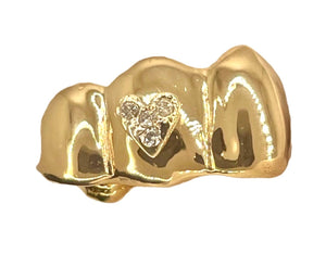 10K Gold Grills With Diamond Heart Top Or Bottom 3 Teeth
