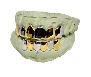 Two-Tone Yellow & White Grillz Top Bottom 12 Teeth