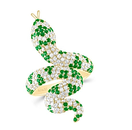 14K Gold Round Diamond & Emerald Snake Ring 1-1/3 Ctw-Dia 7/8 Ctw