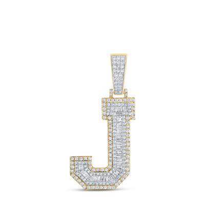 14K Two-Tone Gold Baguette Diamond J Initial Pendant 1-3/8 Cttw