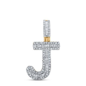 10K Yellow Gold Baguette Diamond J Initial Letter Pendant 3/8 Cttw