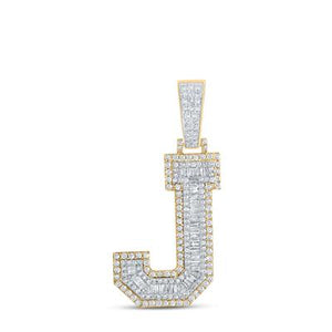 10K Two-Tone Gold Baguette Diamond J Initial Pendant 1-3/8 Cttw
