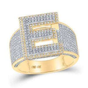10K Two-Tone Gold Round Diamond E Initial Letter Ring 1-1/5 Cttw