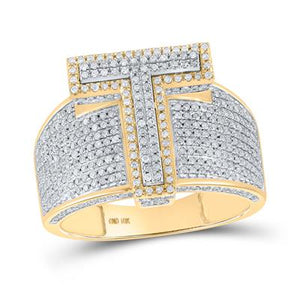 10K Two-Tone Gold Round Diamond T Initial Letter Ring 1-1/5 Cttw