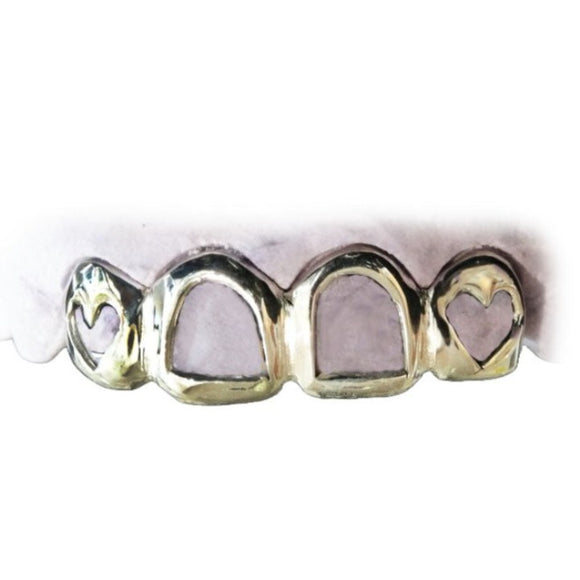 Open Face Grillz with Heart Window Fangs Top or Bottom 4pc