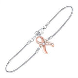 Sterling Silver Womens Diamond Pink Awareness Ribbon Bracelet 1/20 Cttw