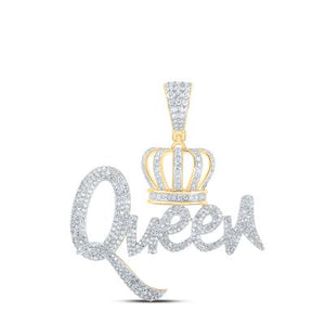 10K Yellow Gold Round Diamond Queen Crown Pendant 1-5/8Cttw