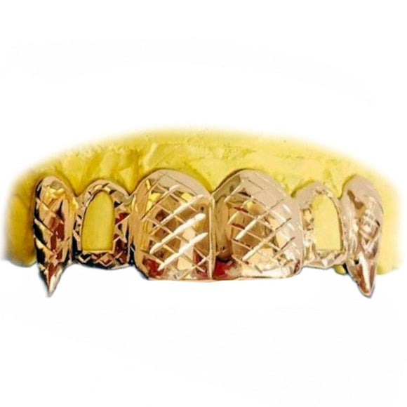 Diamond Cut Grillz with Open Face and Extended Fangs Top or Bottom