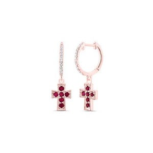 10k Rose Gold Dangle Cross Earrings 1/10 CTW-DIA & 1/4 CT RD-Ruby Natural Gem