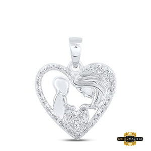 Sterling Silver Diamond Mother Child Heart Pendant 1/12 Cttw