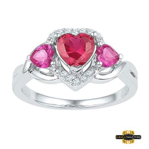 Sterling Silver Synthetic Ruby Heart Three-Stone Ring 1-7/8 Cttw