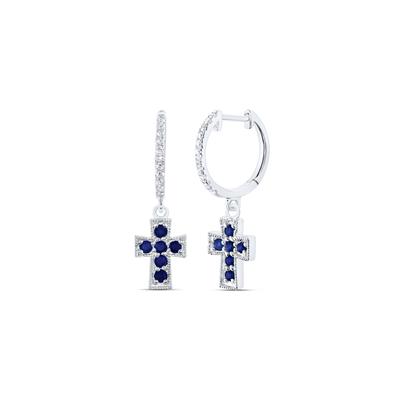 10k White Gold Dangle Cross Earrings 1/10 CTW-DIA & 1/3 CT Blue Sapphire Natural Gem