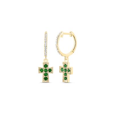 10k Yellow Gold Dangle Cross Earrings 1/10 CTW-DIA & 1/4 CT Emerald Natural GEM