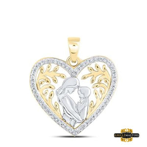 10K Gold Diamond Mom & Child Heart Pendant 1/10 Cttw Yellow