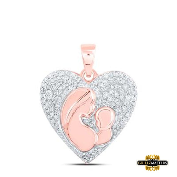 10K Gold Round Diamond Mother Child Heart Pendant 1/5 Cttw
