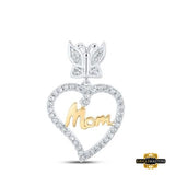 10K Two-Tone Gold Diamond Heart Mom Butterfly Bail Pendant 1/8 Cttw