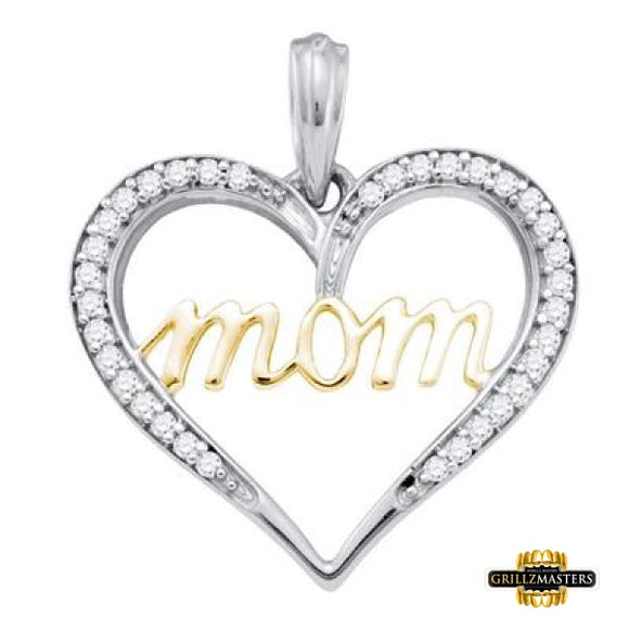 10K Two-Tone Gold Diamond Heart Mom Pendant 1/8 Cttw