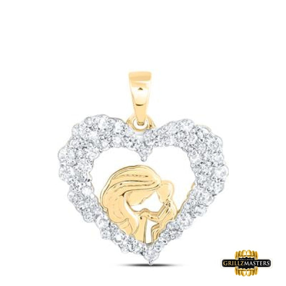 10K Yellow Gold Diamond Mom & Child Heart Pendant 3/8 Cttw