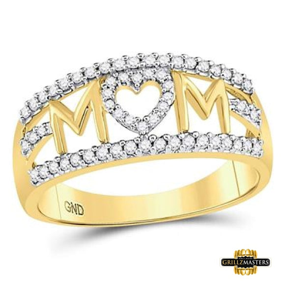 10K Yellow Gold Round Diamond Mom Heart Band Ring 1/4 Cttw