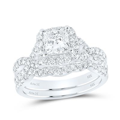 14k White Gold Princess Diamond Halo Bridal Wedding Set 2 CTTW