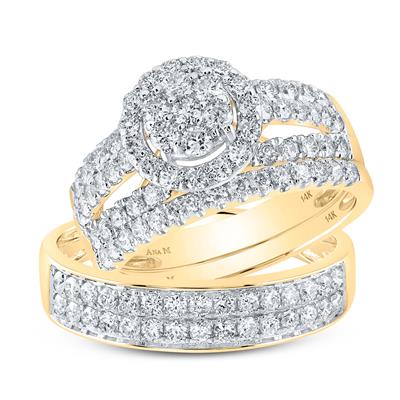 14k Gold Diamond Cluster Matching Wedding Ring Set 1-3/4 CTTW