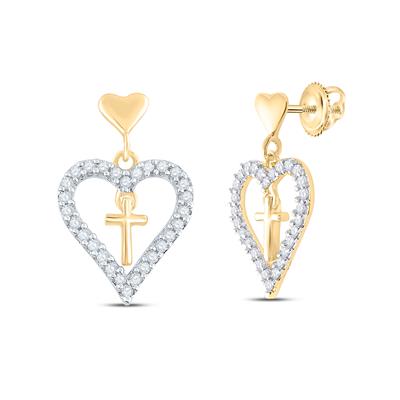 14k Yellow Gold & Diamond Heart Cross Dangle Earrings 1/3 CTTW