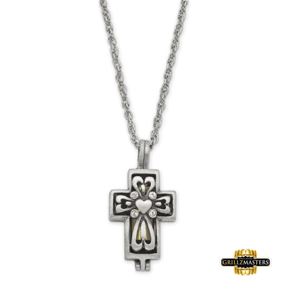 In Loving Memory Pewter And Crystal Cross Locket Memorial With Brass Ash Holder 24 Inch Necklace
