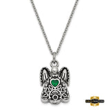 Stainless Steel Cz Birthstone Antiqued Angel Ash Holder 18In. Necklace May Dark Green