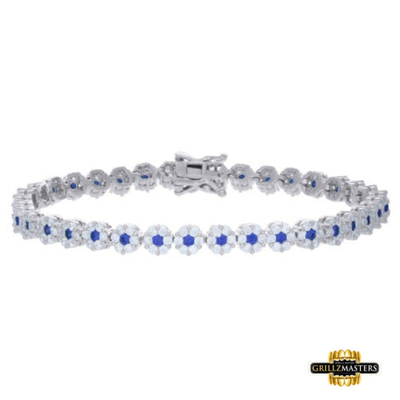 Sterling Silver Blue & White Cz Flower Link Bracelet 7