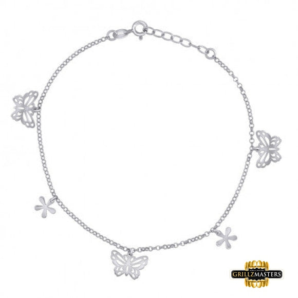 Sterling Silver Butterfly/Flower Charm Anklet