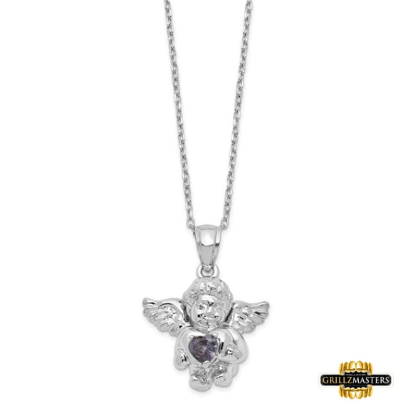 Sterling Silver Cz February Birthstone Angel Ash Holder 18In Necklace