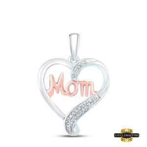 Sterling Silver Diamond Pink Mom Heart Pendant 1/20 Cttw