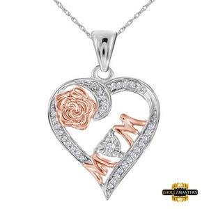 Sterling Silver Diamond Rose-Tone Mom Heart Pendant 1/8 Cttw