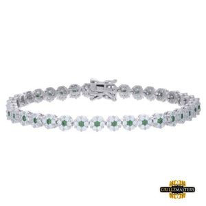 Sterling Silver Green & White Cz Flower Link Bracelet 7